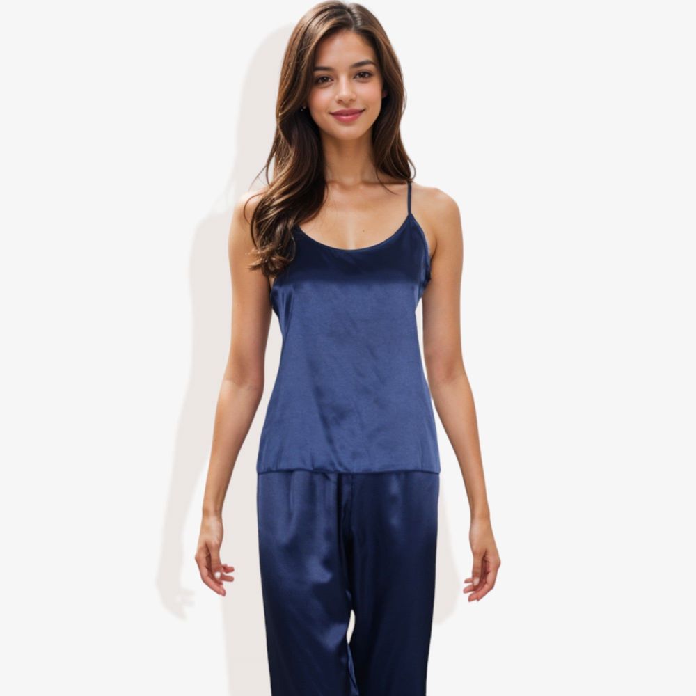 Satin Spaghetti Strap Cami Top with Scoop Neck Elegant Sleeveless Tank Pajama Set for Casual or Nightwear