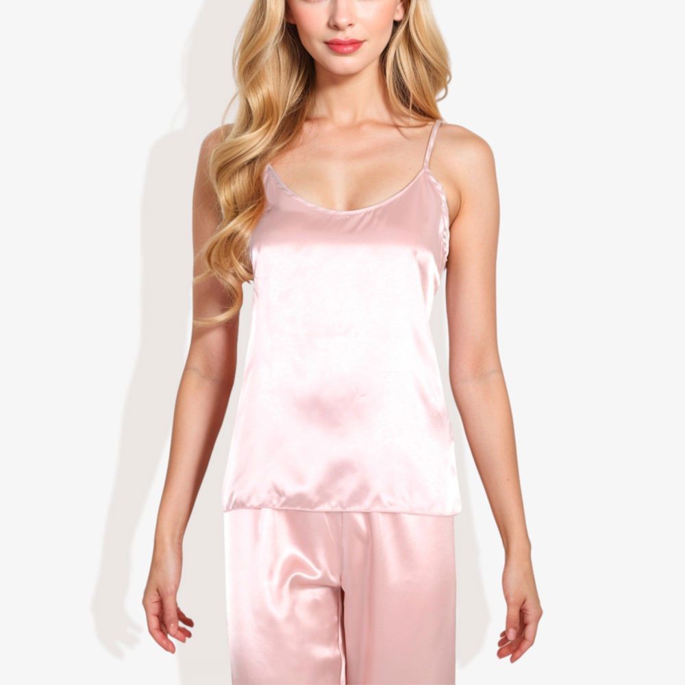 Satin Spaghetti Strap Cami Top with Scoop Neck Elegant Sleeveless Tank Pajama Set for Casual or Nightwear