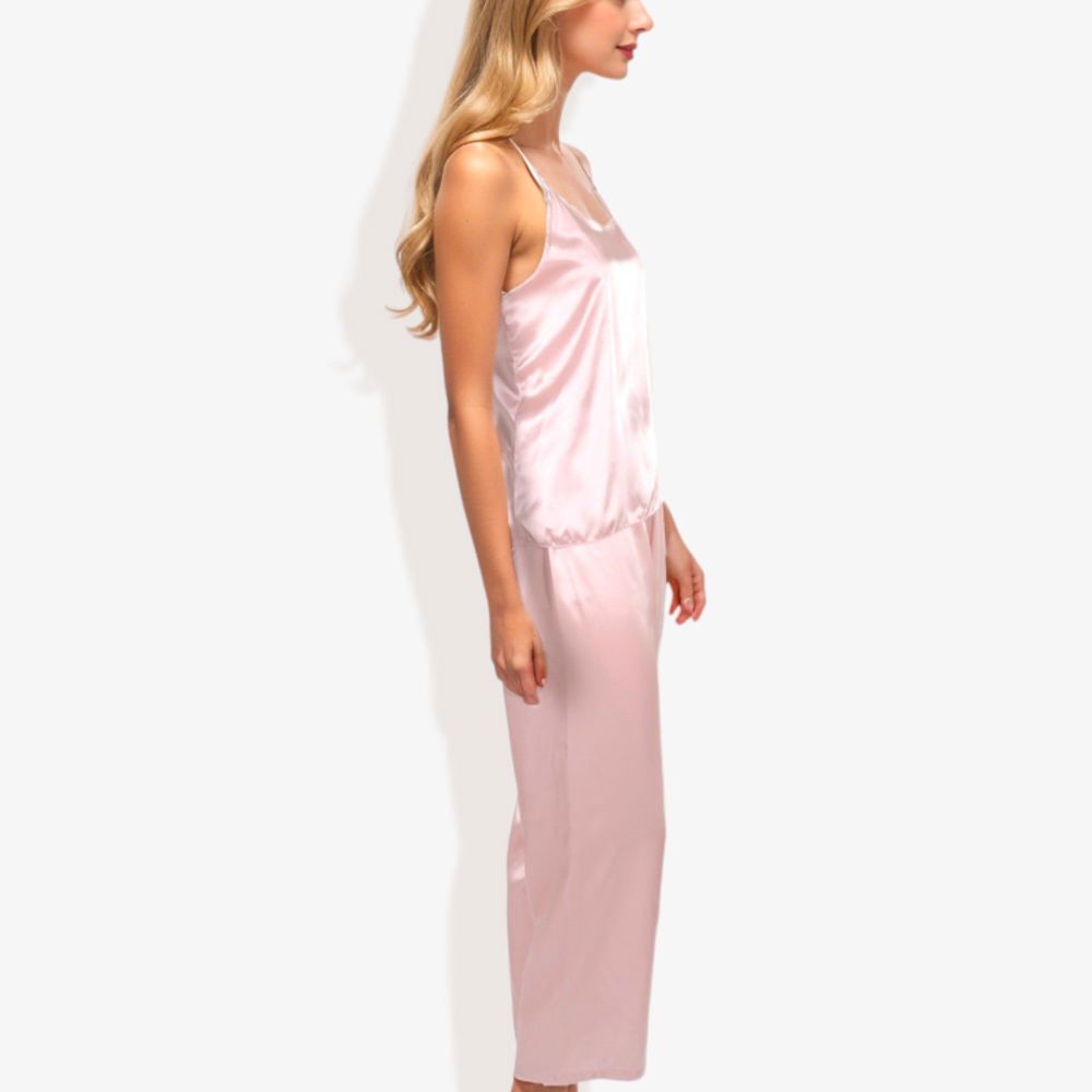 Satin Spaghetti Strap Cami Top with Scoop Neck Elegant Sleeveless Tank Pajama Set for Casual or Nightwear