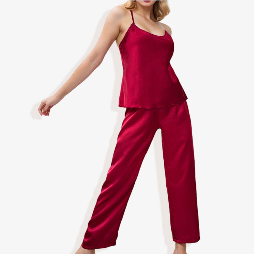 Satin Spaghetti Strap Cami Top with Scoop Neck Elegant Sleeveless Tank Pajama Set for Casual or Nightwear