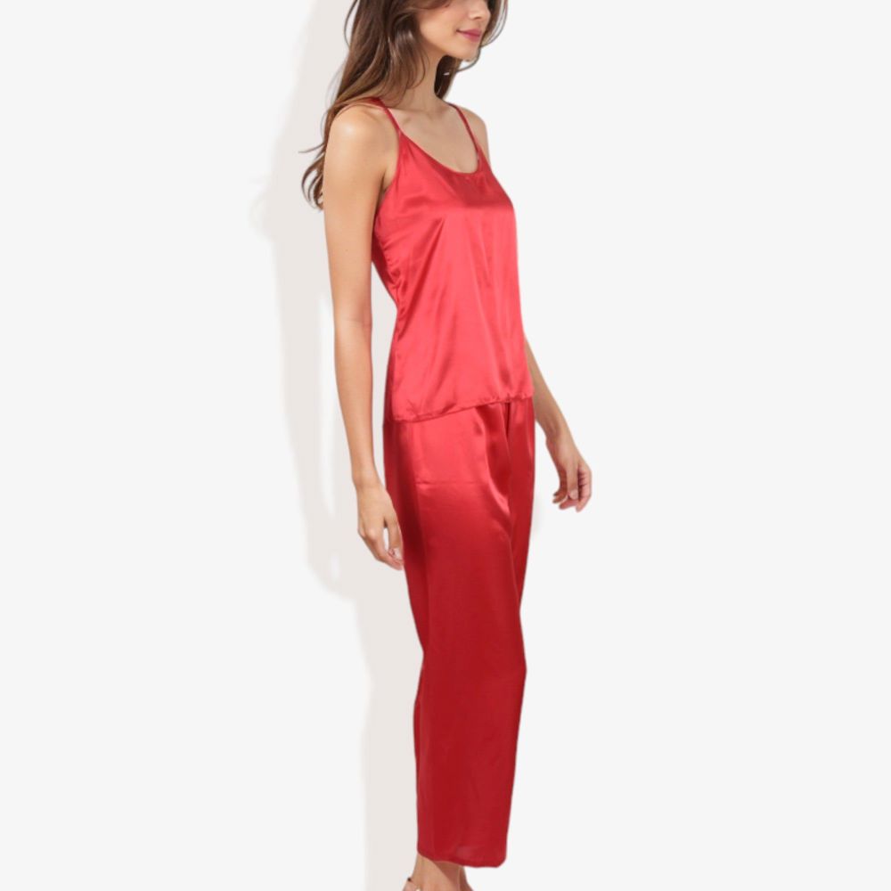 Satin Spaghetti Strap Cami Top with Scoop Neck Elegant Sleeveless Tank Pajama Set for Casual or Nightwear