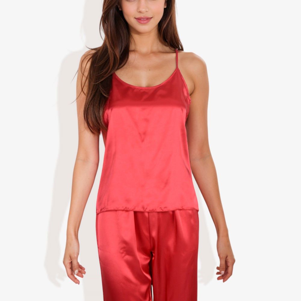 Satin Spaghetti Strap Cami Top with Scoop Neck Elegant Sleeveless Tank Pajama Set for Casual or Nightwear