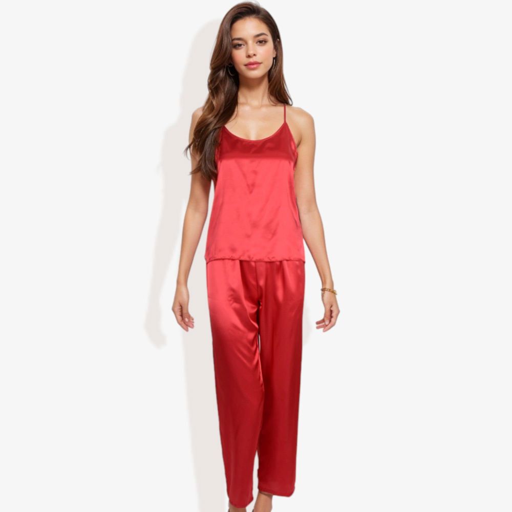 Satin Spaghetti Strap Cami Top with Scoop Neck Elegant Sleeveless Tank Pajama Set for Casual or Nightwear