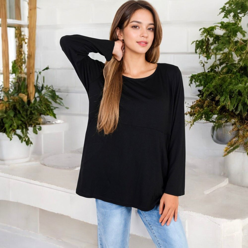 Long Sleeve Scoop Neck Tunic Top with Front Pockets