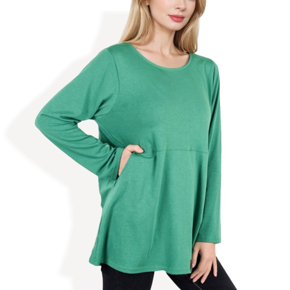 Long Sleeve Scoop Neck Tunic Top with Front Pockets