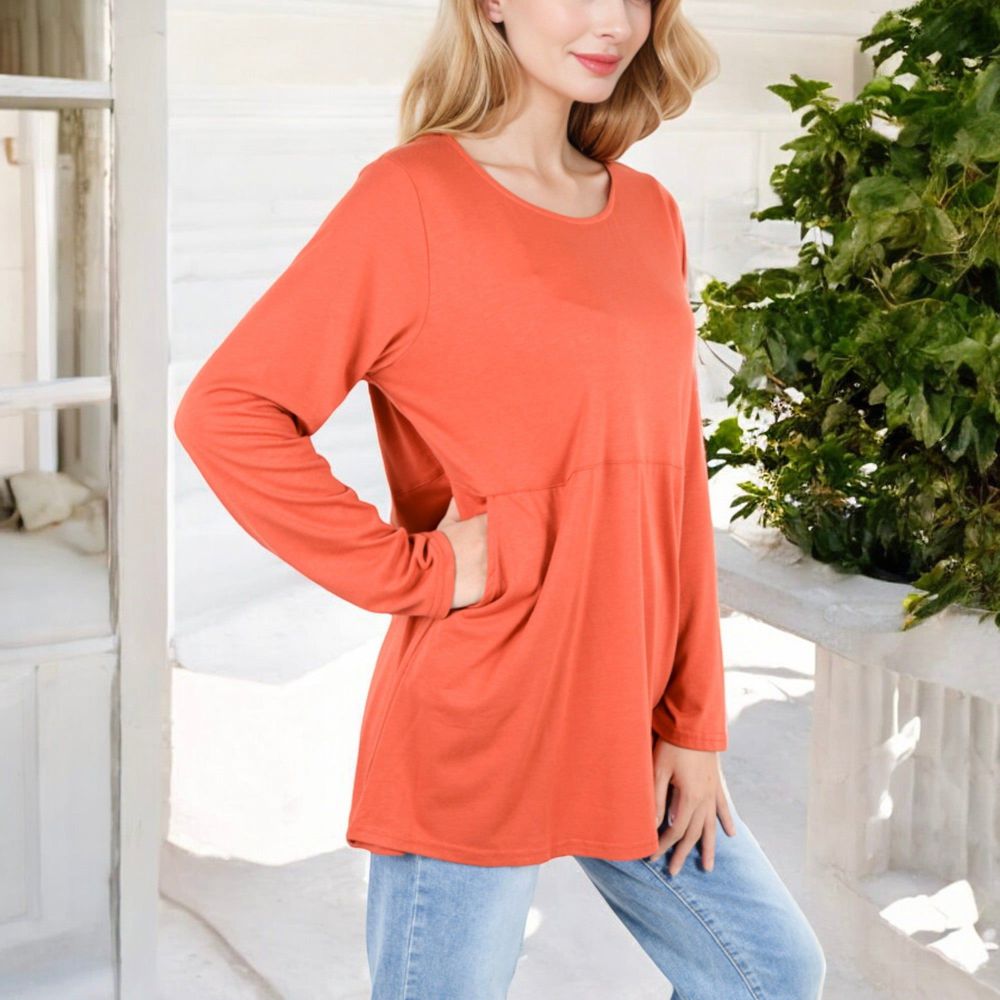 Long Sleeve Scoop Neck Tunic Top with Front Pockets