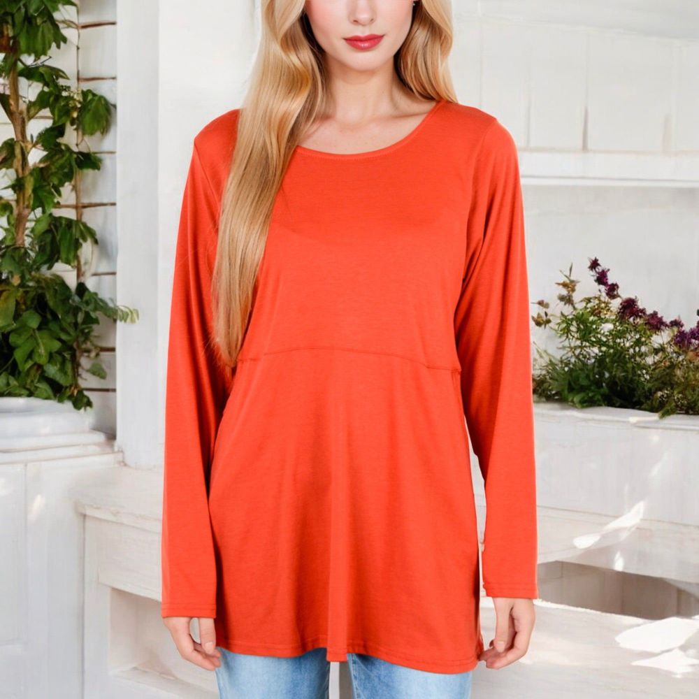 Long Sleeve Scoop Neck Tunic Top with Front Pockets