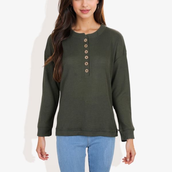 Long Sleeve Henley Top with Button Placket and Ribbed Texture Casual Pullover