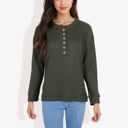  Long Sleeve Henley Top with Button Placket and Ribbed Texture Casual Pullover