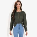  Long Sleeve Henley Top with Button Placket and Ribbed Texture Casual Pullover