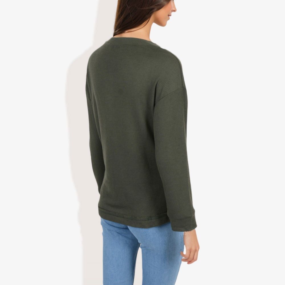 Long Sleeve Henley Top with Button Placket and Ribbed Texture Casual Pullover