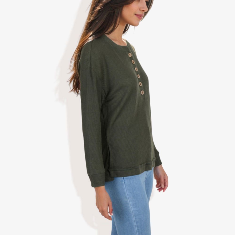 Long Sleeve Henley Top with Button Placket and Ribbed Texture Casual Pullover