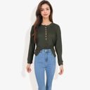  Long Sleeve Henley Top with Button Placket and Ribbed Texture Casual Pullover