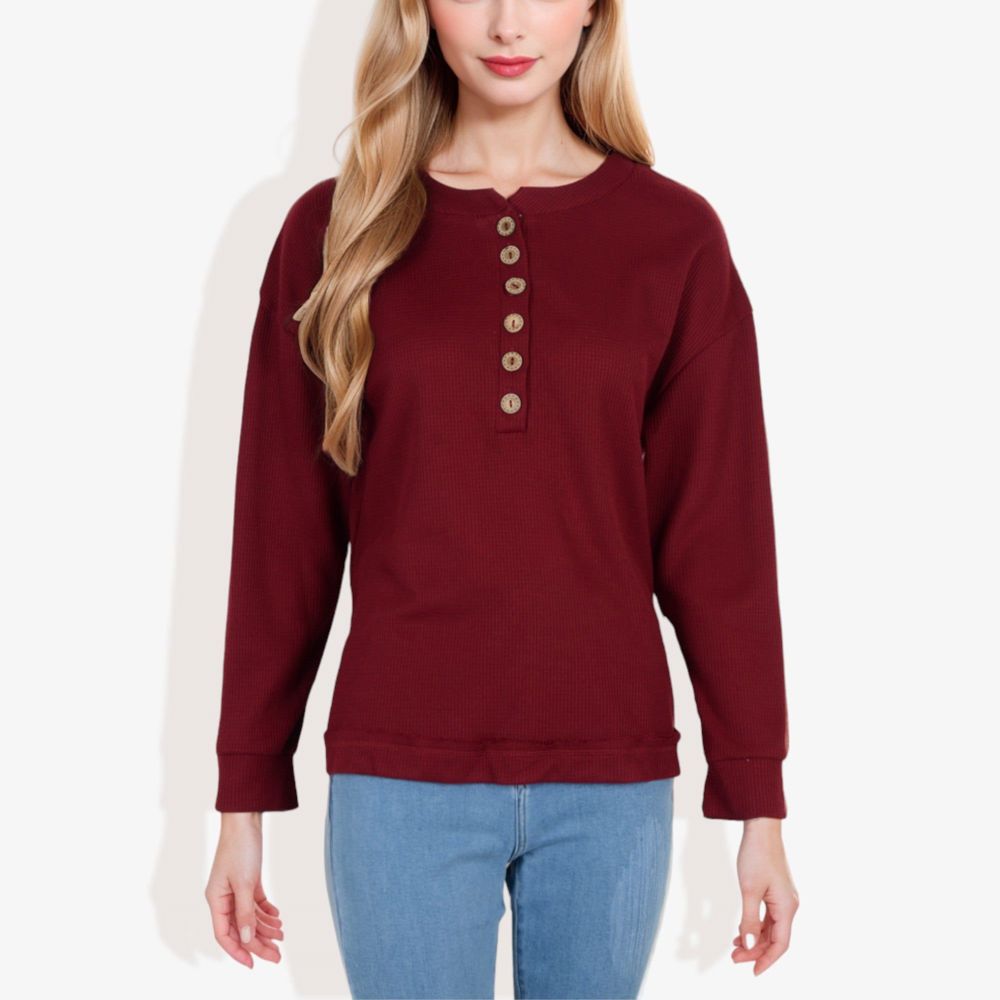 Long Sleeve Henley Top with Button Placket and Ribbed Texture Casual Pullover