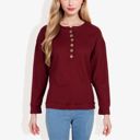 Red Large Long Sleeve Henley Top with Button Placket and Ribbed Texture Casual Pullover