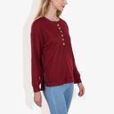 Red Large Long Sleeve Henley Top with Button Placket and Ribbed Texture Casual Pullover