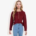 Red Large Long Sleeve Henley Top with Button Placket and Ribbed Texture Casual Pullover