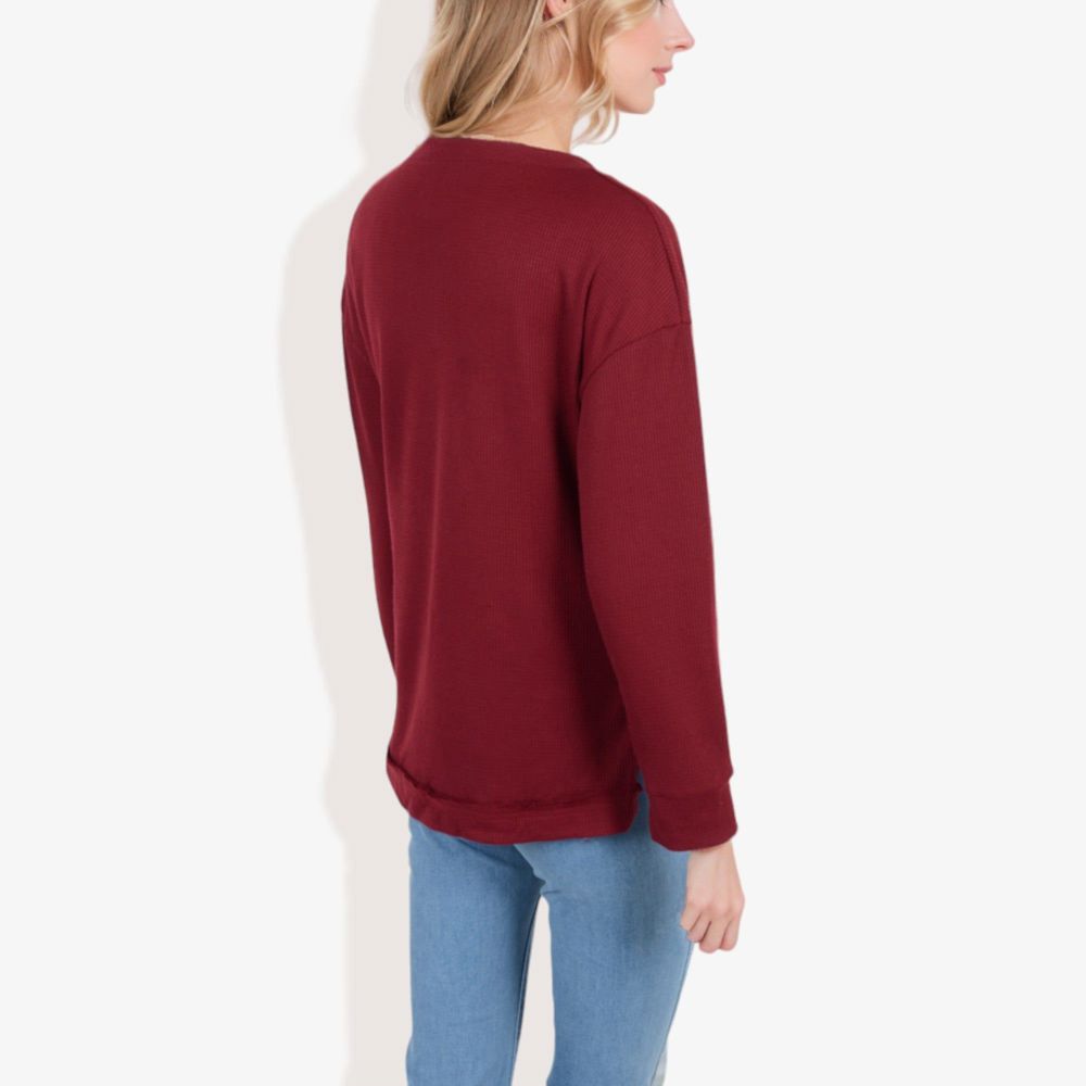 Long Sleeve Henley Top with Button Placket and Ribbed Texture Casual Pullover