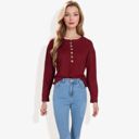 Red Large Long Sleeve Henley Top with Button Placket and Ribbed Texture Casual Pullover