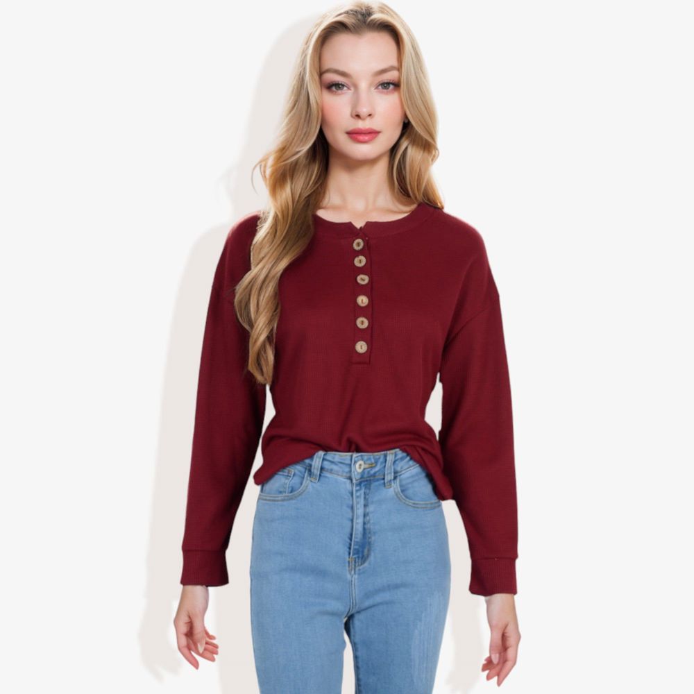 Long Sleeve Henley Top with Button Placket and Ribbed Texture Casual Pullover