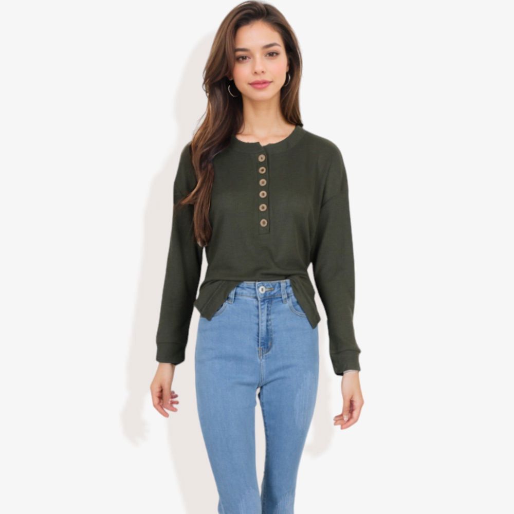 Long Sleeve Henley Top with Button Placket and Ribbed Texture Casual Pullover