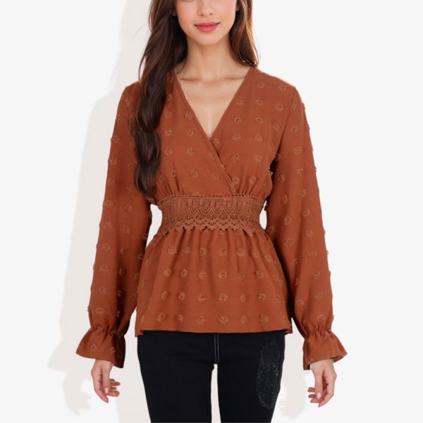 Long Sleeve V-Neck Wrap Blouse with Embroidered Swiss Dot Pattern and Lace Waist Detail Boho Top