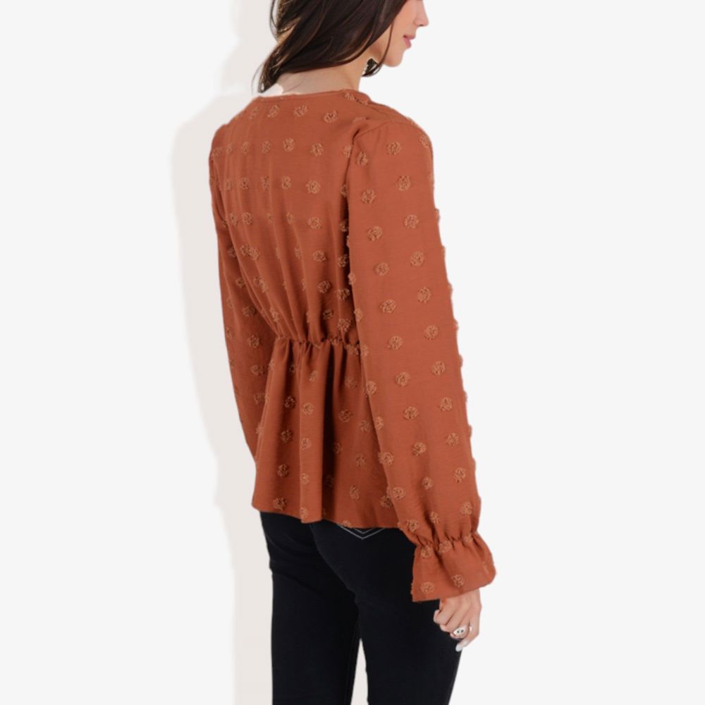 Long Sleeve V-Neck Wrap Blouse with Embroidered Swiss Dot Pattern and Lace Waist Detail Boho Top