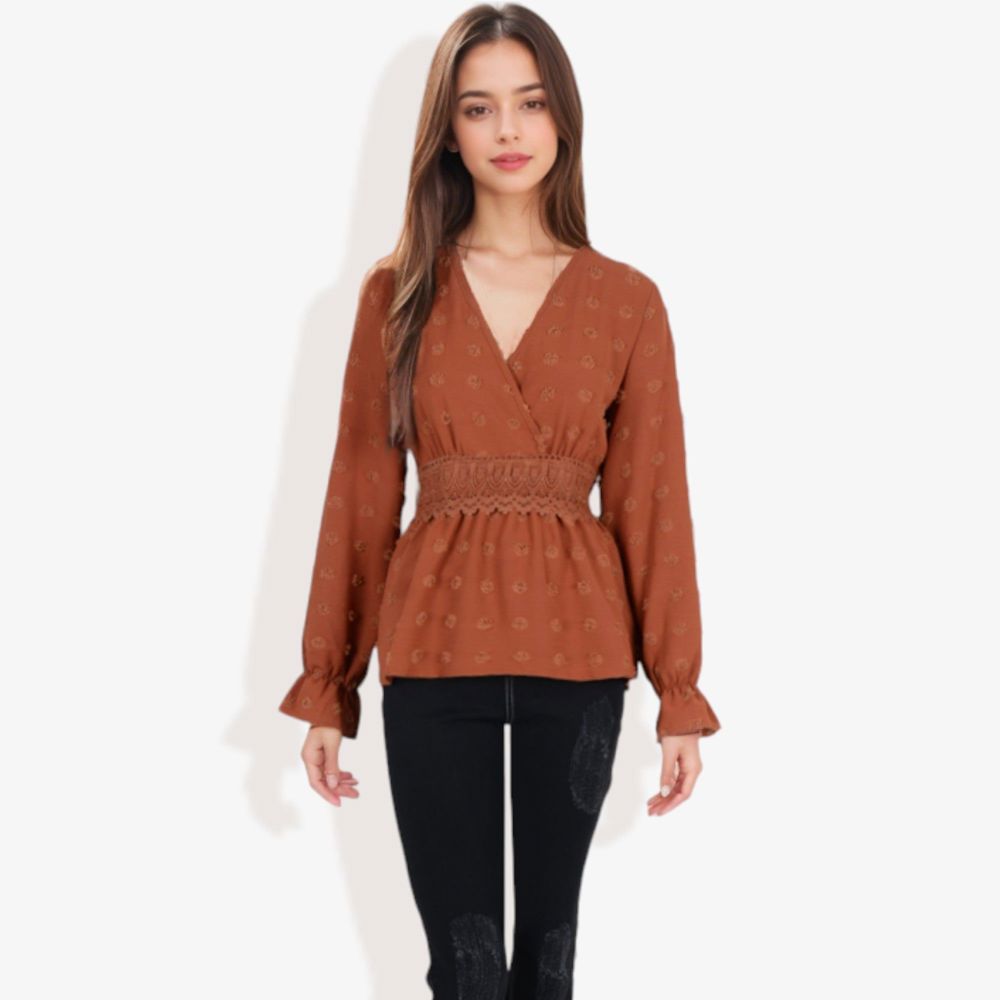 Long Sleeve V-Neck Wrap Blouse with Embroidered Swiss Dot Pattern and Lace Waist Detail Boho Top