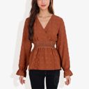 Brown Large Long Sleeve V-Neck Wrap Blouse with Embroidered Swiss Dot Pattern and Lace Waist Detail Boho Top