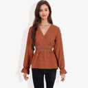 Brown Large Long Sleeve V-Neck Wrap Blouse with Embroidered Swiss Dot Pattern and Lace Waist Detail Boho Top