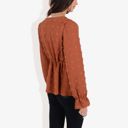 Brown Large Long Sleeve V-Neck Wrap Blouse with Embroidered Swiss Dot Pattern and Lace Waist Detail Boho Top