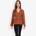 Brown Large Long Sleeve V-Neck Wrap Blouse with Embroidered Swiss Dot Pattern and Lace Waist Detail Boho Top