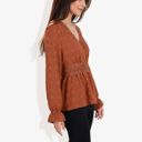 Brown Large Long Sleeve V-Neck Wrap Blouse with Embroidered Swiss Dot Pattern and Lace Waist Detail Boho Top