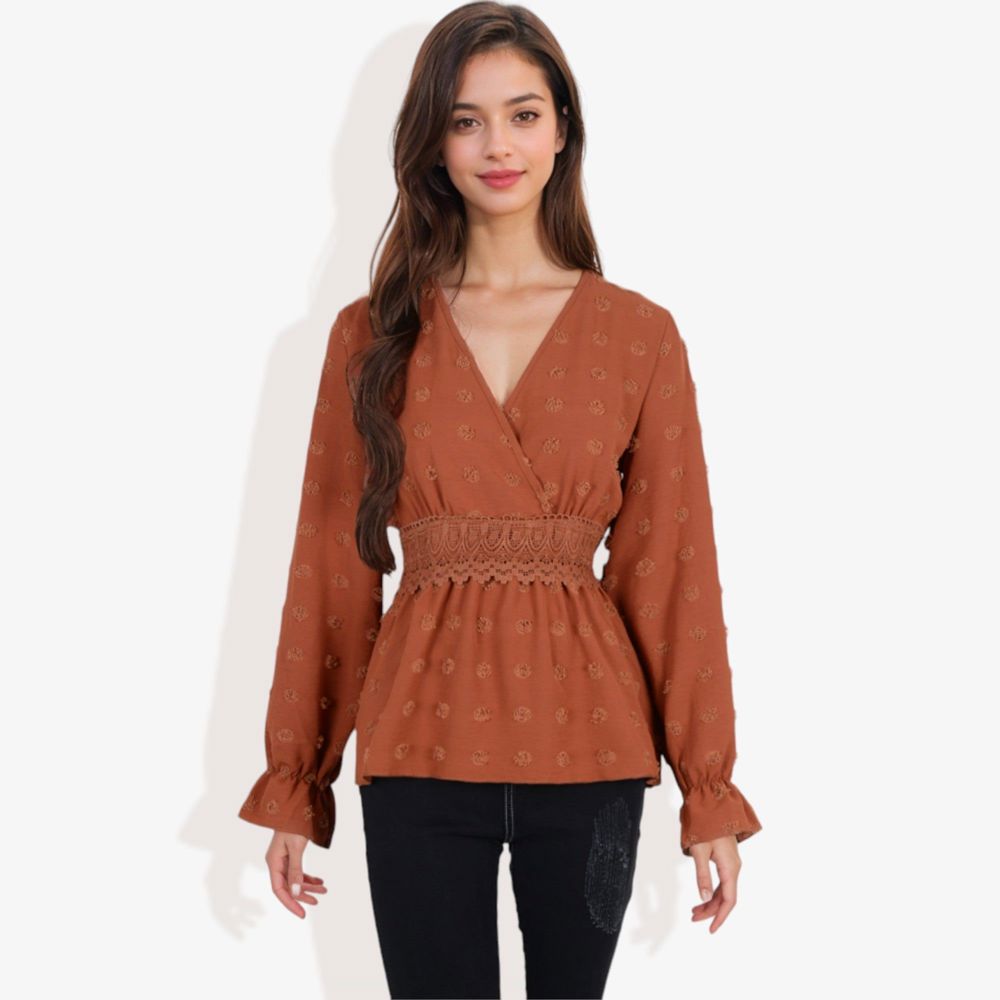 Long Sleeve V-Neck Wrap Blouse with Embroidered Swiss Dot Pattern and Lace Waist Detail Boho Top