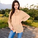 Beige Large Long Sleeve Button-Up Collared Shirt with Relaxed Fit