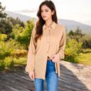 Beige Large Long Sleeve Button-Up Collared Shirt with Relaxed Fit