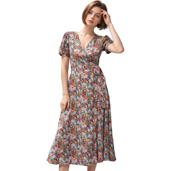 Surplice V-Neck Floral Print Short Puffed Sleeve Midi Dress