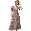  Surplice V-Neck Floral Print Short Puffed Sleeve Midi Dress