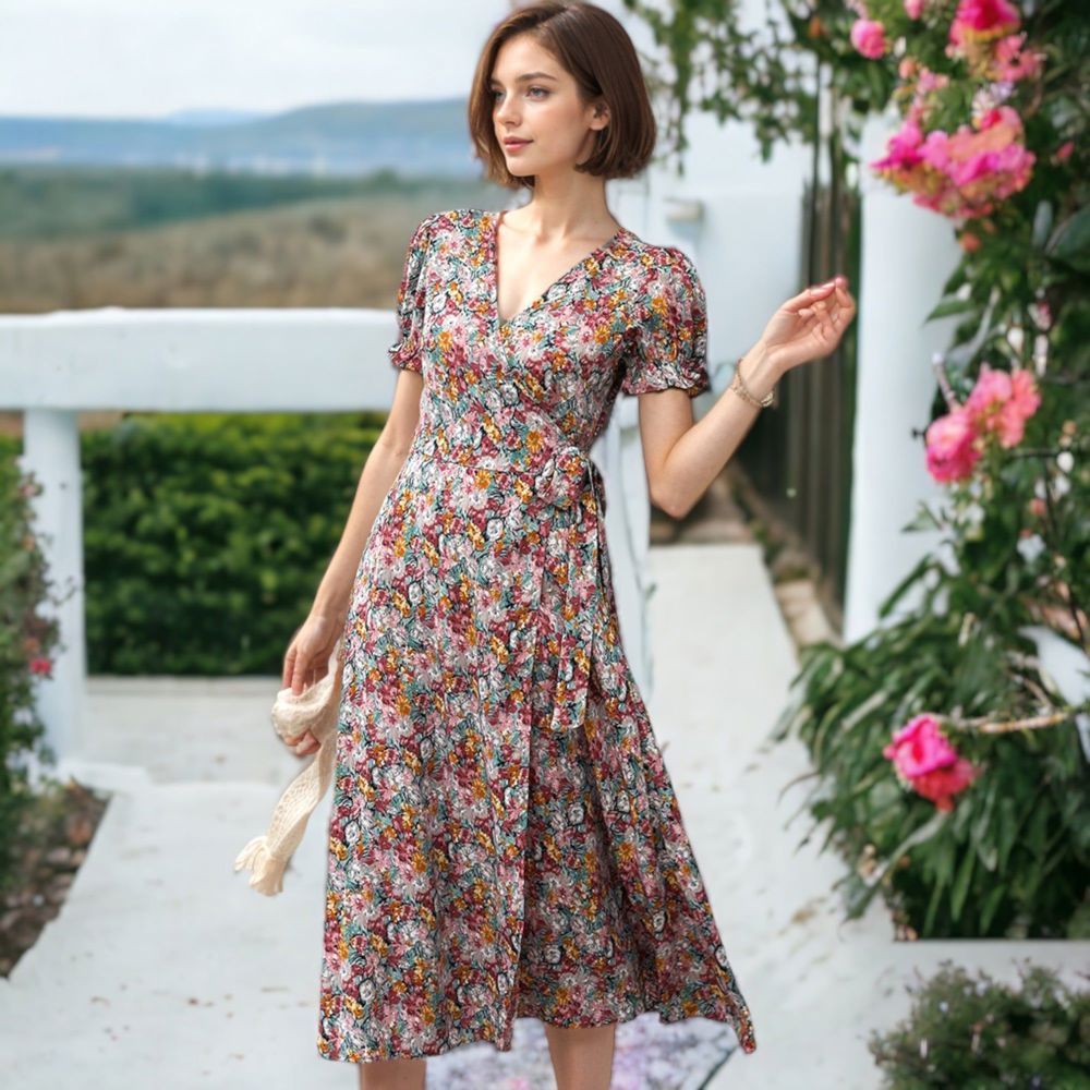 Surplice V-Neck Floral Print Short Puffed Sleeve Midi Dress