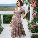  Surplice V-Neck Floral Print Short Puffed Sleeve Midi Dress