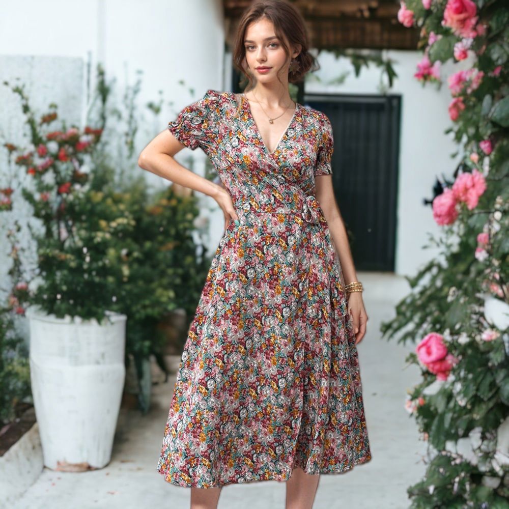 Surplice V-Neck Floral Print Short Puffed Sleeve Midi Dress