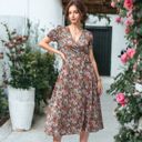  Surplice V-Neck Floral Print Short Puffed Sleeve Midi Dress