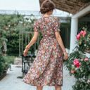  Surplice V-Neck Floral Print Short Puffed Sleeve Midi Dress