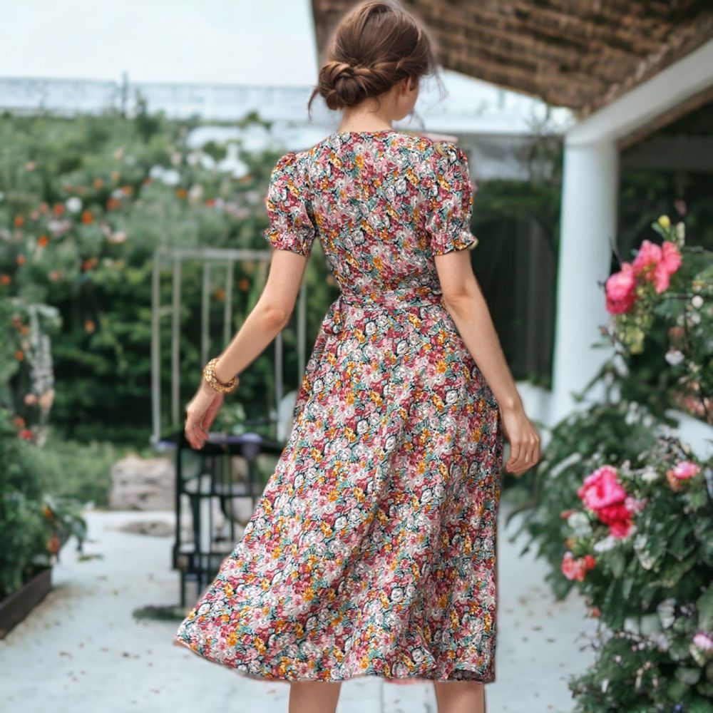 Surplice V-Neck Floral Print Short Puffed Sleeve Midi Dress