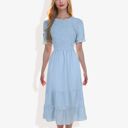 Blue Large Short Sleeve Smocked Dress with Swiss Dot Pattern and Ruffle Hem Detail Casual Summer Dress