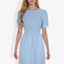 Blue Large Short Sleeve Smocked Dress with Swiss Dot Pattern and Ruffle Hem Detail Casual Summer Dress