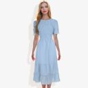 Blue Large Short Sleeve Smocked Dress with Swiss Dot Pattern and Ruffle Hem Detail Casual Summer Dress