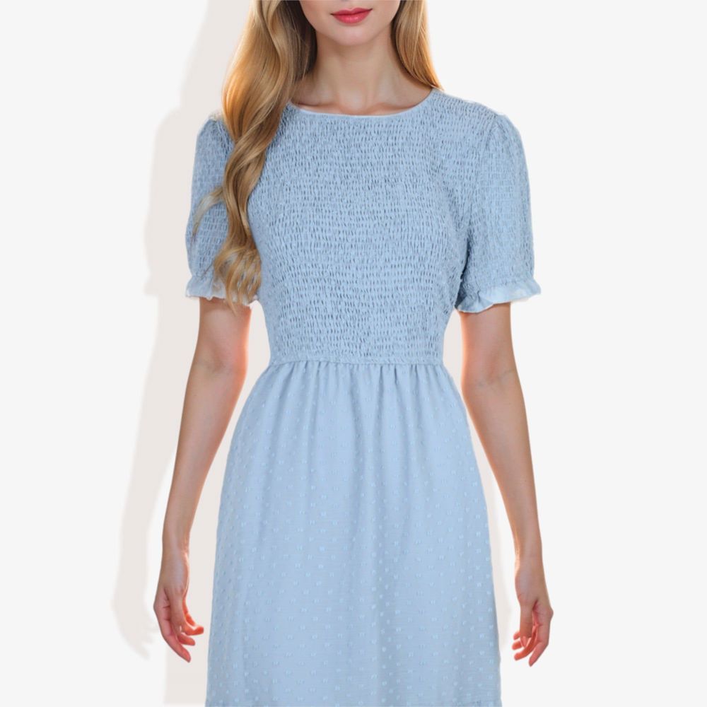 Short Sleeve Smocked Dress with Swiss Dot Pattern and Ruffle Hem Detail Casual Summer Dress