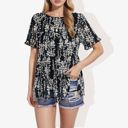  Short Sleeve Floral Print Blouse with Ruffled Hem and Sheer Overlay Casual Summer Top