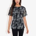  Short Sleeve Floral Print Blouse with Ruffled Hem and Sheer Overlay Casual Summer Top